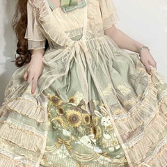 Elegant Sunflower Bunny Print Bow Lolita Lace-up Slip Dress