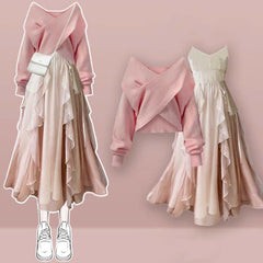 Pink Cross Knit Sweater Flouncing A-line Slip Dress Set