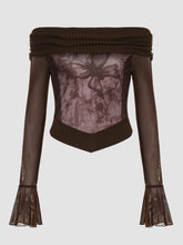 Butterfly Print Shoulder Mesh Splicing Top