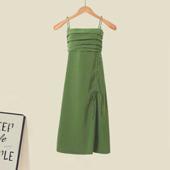 Boho Green Fringed T-Shirt Drawstring Split Slip Dress
