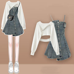 Irregular Hollow Out Sweater Denim Slip Dress