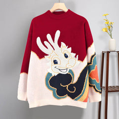 Red Vintage Dragon Knit Sweater Long Sleeve Lapel Dress