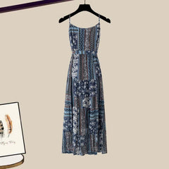 Boho Belted Crochet Hollow Out Top Vintage Floral Print Slip Dress