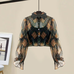 Rhombus Print Lapel Tulle Shirt Fishtail Slip Dress