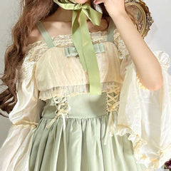 Elegant Sunflower Bunny Print Bow Lolita Lace-up Slip Dress