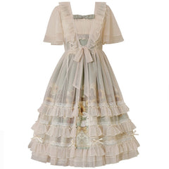 Elegant Sunflower Bunny Print Bow Lolita Lace-up Slip Dress