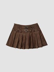 Short High Waist Pleated Leather Skirt