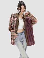 Irregular Splicing Loose Retro Plaid Shirt