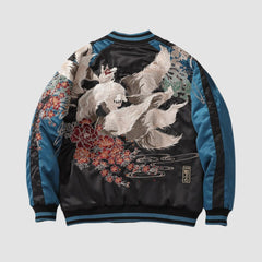 Embroidered White Fox Baseball Zipper Jacket