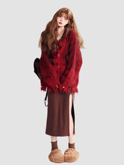 Red V-Neck Loose Cardigan Sweater