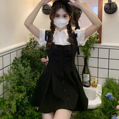 Kawaii Puff Sleeve T-Shirt Lace Up Dress Set K19898