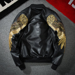 Embroidered Golden Wings Leather Jacket