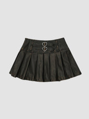 Short High Waist Pleated Leather Skirt