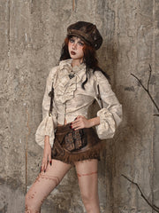 Steampunk Stand Collar Ruffled Linen Shirt