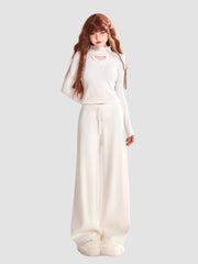 White Knitted Drawstring Straight Drape Pants