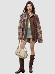 Irregular Splicing Loose Retro Plaid Shirt