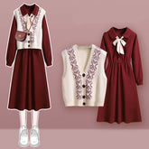Bow Knot Red Dress Rhombus Print Vest Set
