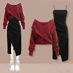 Sweet Cross Knit Sweater Ruffled Split Slip Dress