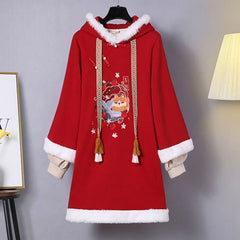 Vintage Fox Buckle Plush Hooded Sweatshirt Dress