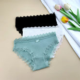 3 Pieces Ruffles Lace Trim Women's Ribbed Cotton Briefs Japanese Girls Sweet Bow Underwear