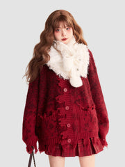 Red V-Neck Loose Cardigan Sweater