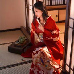 Red Elegant Print Traditional Kimono Dress