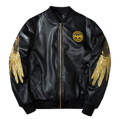 Embroidered Golden Wings Leather Jacket