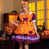 Cute Orange Bow Decor Puff Sleeve Maid Dress