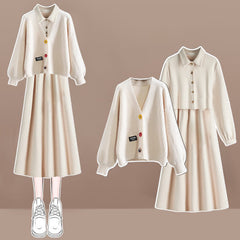 Rhombus Print Cardigan Sweater Laple Long Sleeve Dress