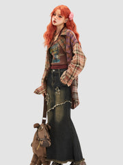 Raw Edge Retro Fishtail Denim Skirt