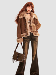 Loose Plush Fur Collar Suede Jacket