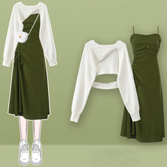 Irregular Hollow Out Sweater Denim Slip Dress