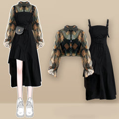Rhombus Print Lapel Tulle Shirt Fishtail Slip Dress