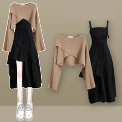 Elegant Cross Knit Sweater Lace Up Irregular Ruffled Slip Dress Set MK19596