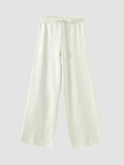 White Knitted Drawstring Straight Drape Pants