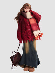 Red V-Neck Loose Cardigan Sweater