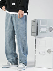 Retro Japanese Washed Loose Straight Long Jeans