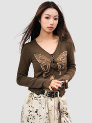Butterfly Strap Patch Long Sleeves Top