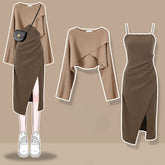 Chic Cross Sweater Ruffled Split Slip Dress Set