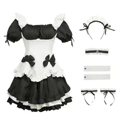 Black Sweet Off Shoulder Bow Knot Lace Up Maid Dress Lingerie