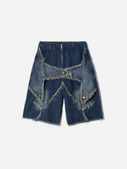 Vintage Starry Fringe Hem Denim Shorts