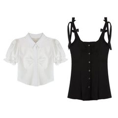 Kawaii Puff Sleeve T-Shirt Lace Up Dress Set K19898