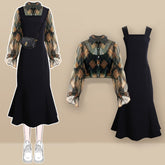 Rhombus Print Lapel Tulle Shirt Fishtail Slip Dress