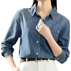 Linen casual style dark women's denim shirt