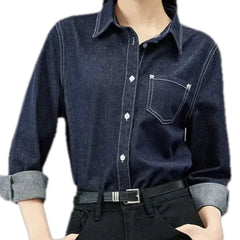 Linen casual style dark women's denim shirt