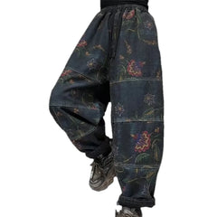 Medium rise slouchy floral denim joggers for women