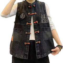 Trendy retro mixed patchwork jeans vest for ladies