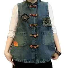 Trendy retro mixed patchwork jeans vest for ladies