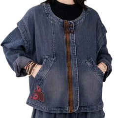 Floral collarless retro women's jean jacket
