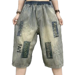 Banded patchwork baggy-fit women's denim shorts